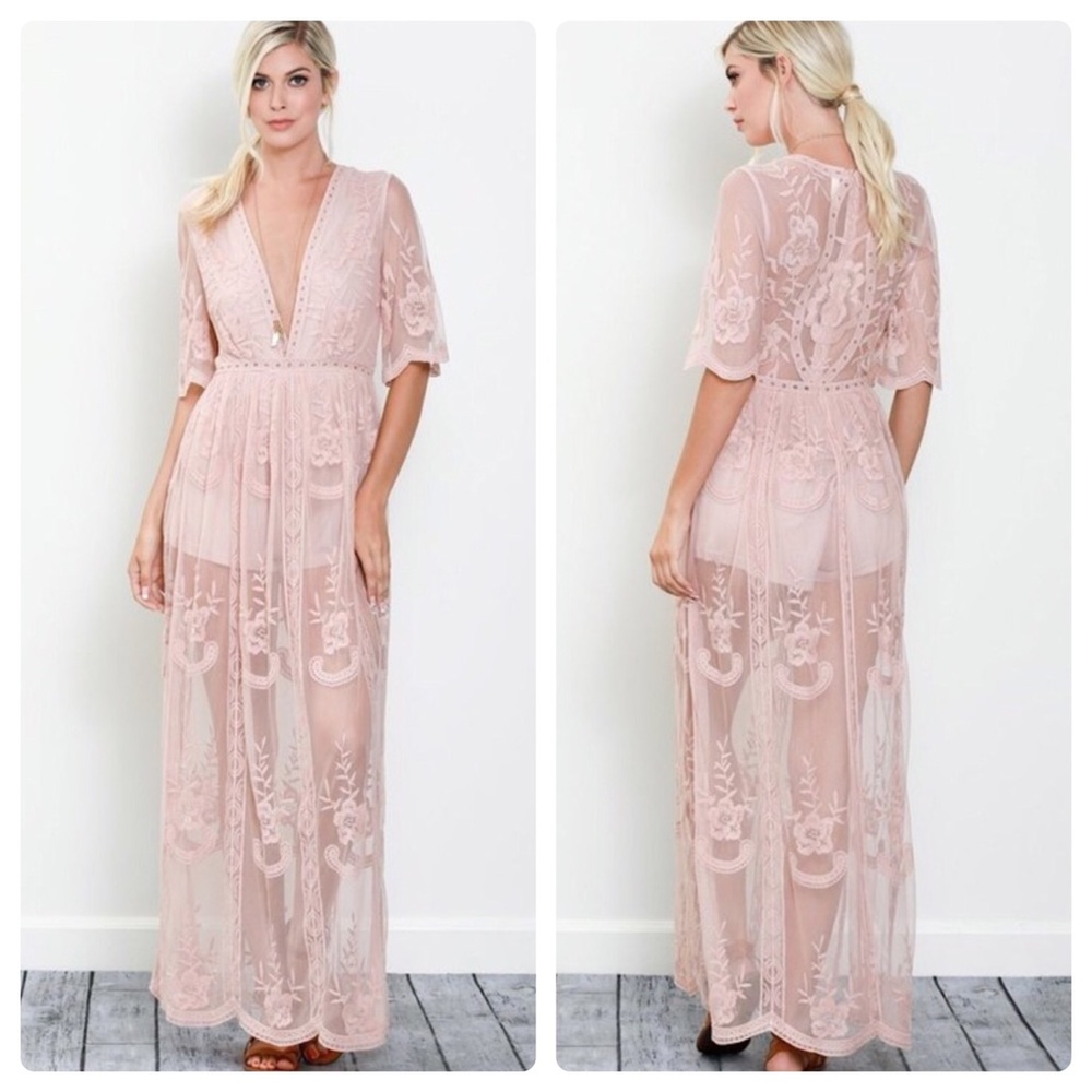 Coachella Blush Lace Maxi Dress - Picture 2 of 6
